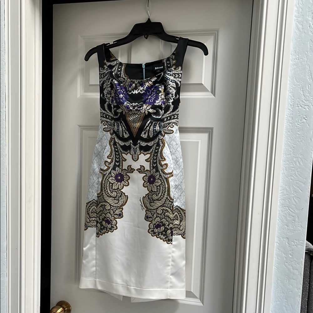 Just Cavalli Elegant Black and White Dress with Purple Accents